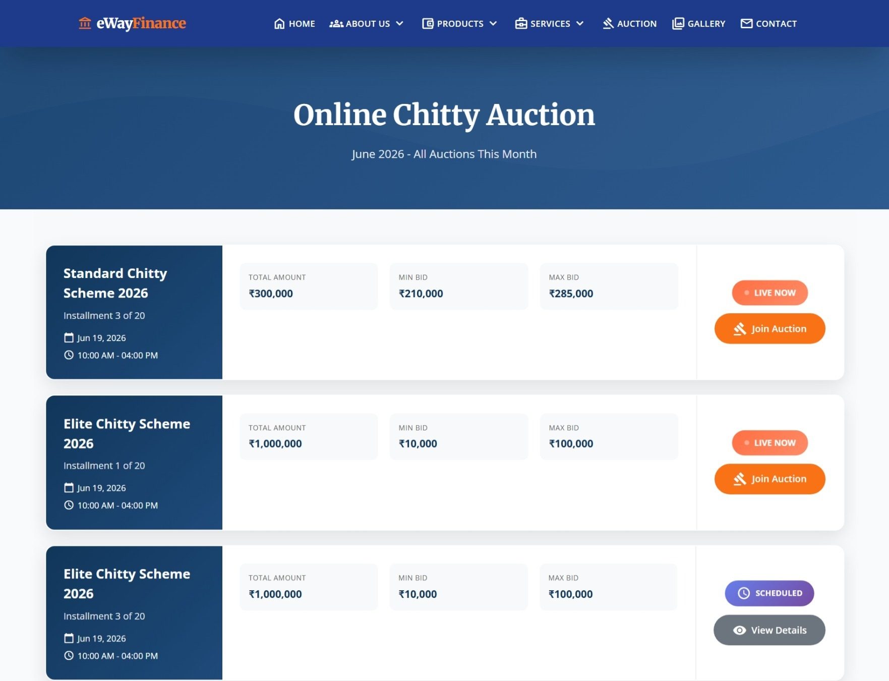 AUCTIONDesk online chitty auction listing — live, scheduled and completed sessions