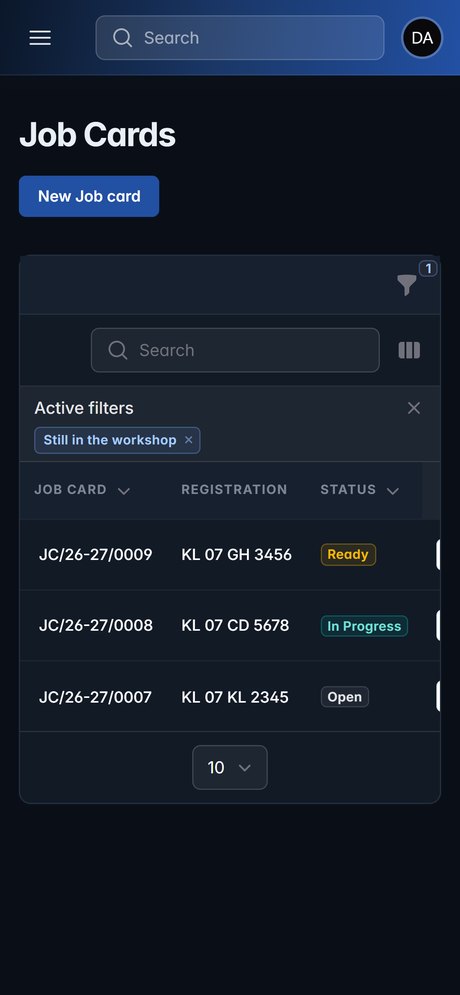 Autonex job cards on a phone, reduced to job card, registration and status