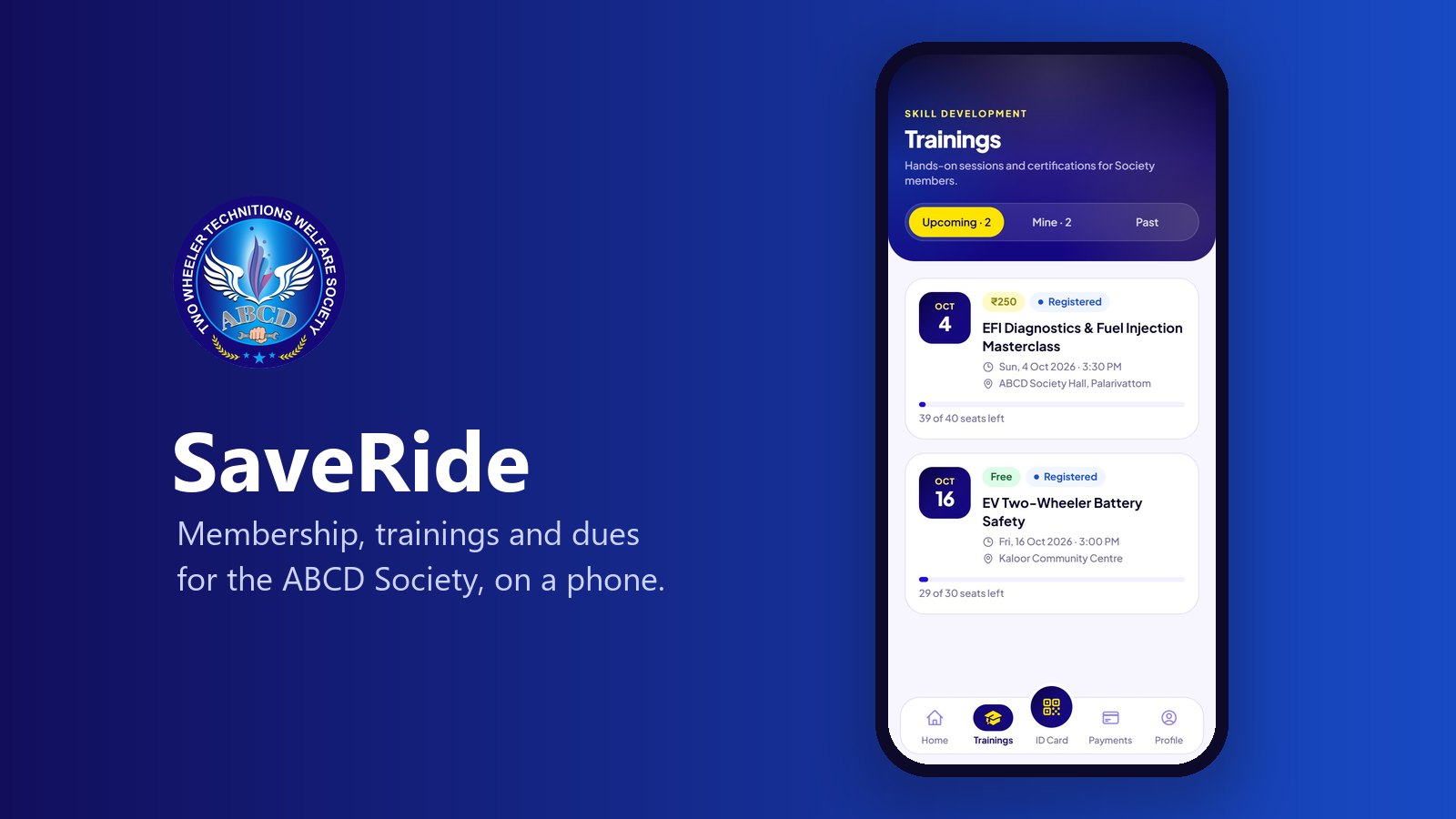 SaveRide mobile app trainings screen for ABCD Society members