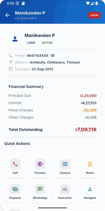 Recovro account detail and quick actions screen