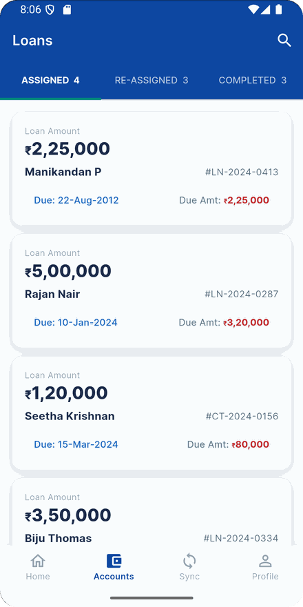 Recovro assigned accounts list screen