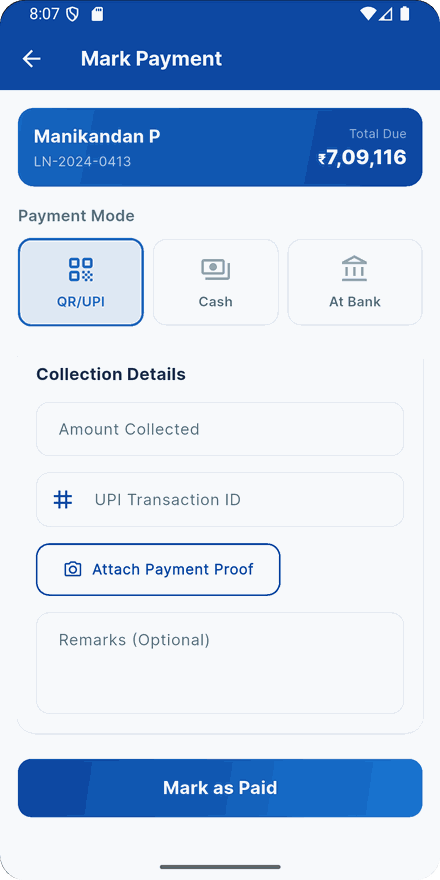 Recovro mark payment collected screen